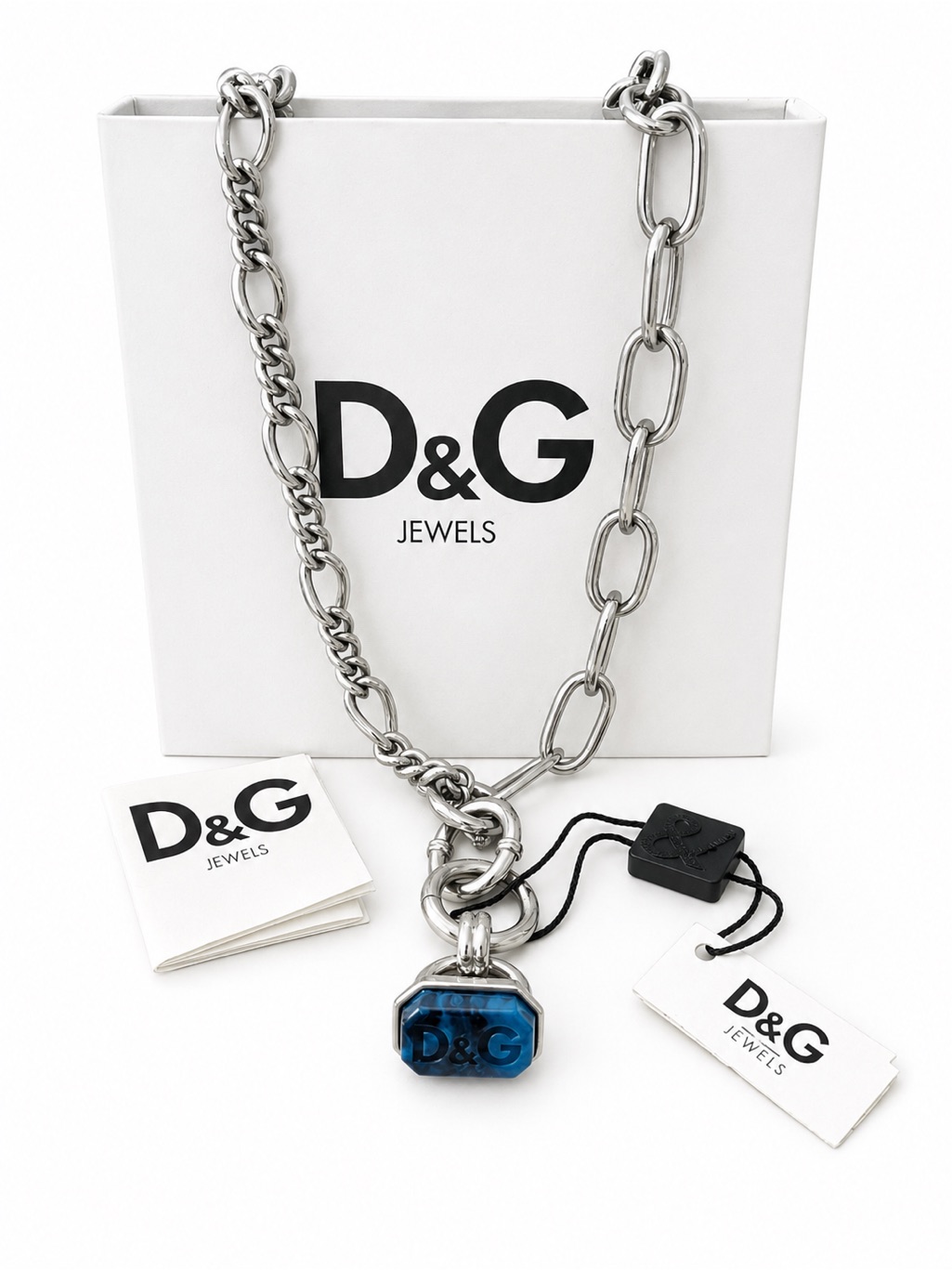 Dolce & Gabbana "Seal Me" Silver-Tone Chain And Blue Stone Pendant Necklace Nwt